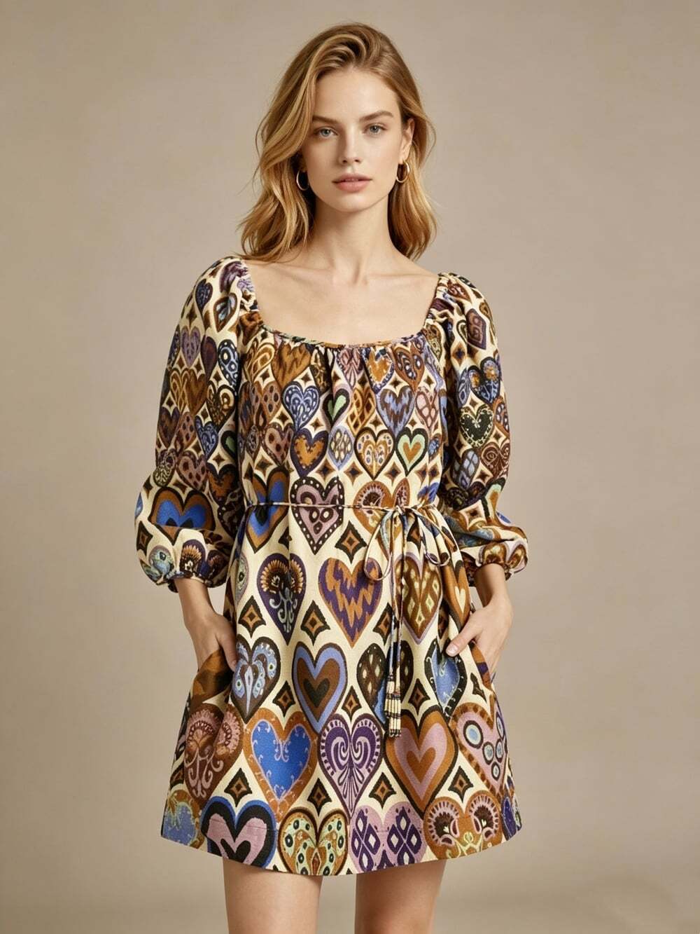 NWOT Farm Rio Hearts Ikat Cream Long-Sleeve Mini Dress Size M